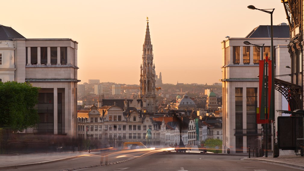 Sunset view of the historic centre of Brussels viewed down a street