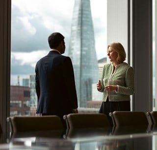 Two colleagues in discussion beside large office windows with a City of London skyline view in the background.