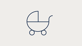 Icon of a baby buggy, representing family, childcare and support for parents and caregivers.