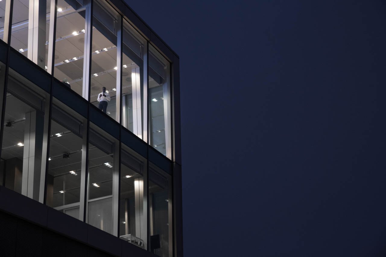 Exterior of office building at night