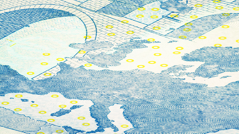 A zoomed in area of a euro bank note