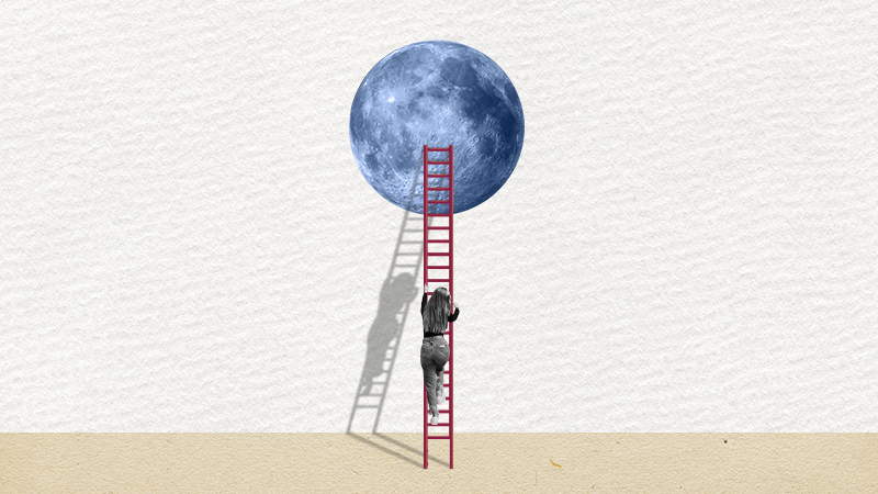 An individual climbing a ladder to the moon.