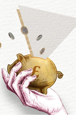 A hand holding a piggy bank with pound coins flying in. 