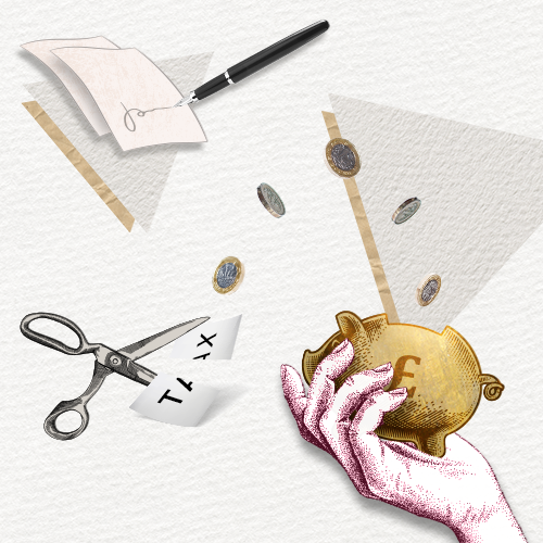 A graphic designed image made for earning tax relief when selling a business, depicting a piggy bank, scissors cutting a tax form and a pen writing some notes.