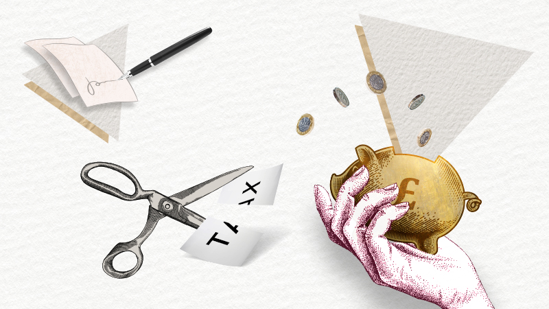 A graphic designed image made for earning tax relief when selling a business, depicting a piggy bank, scissors cutting a tax form and a pen writing some notes.