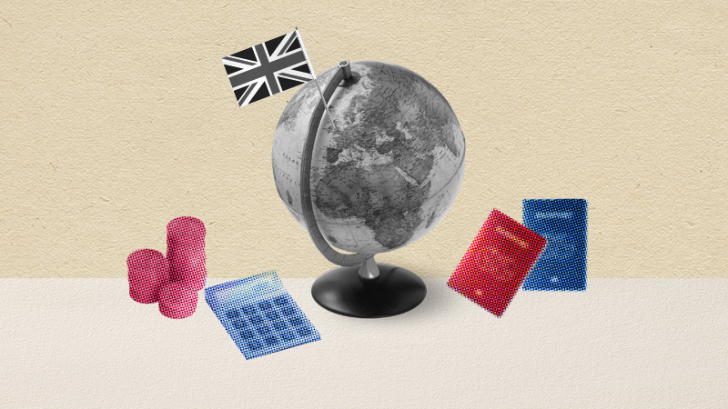 An illustration showing a globe, passport, calculator and a stack of coins