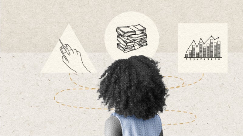Image of person looking at a range of illustrations to help her make a decision