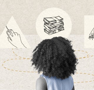 Image of person looking at a range of illustrations to help her make a decision
