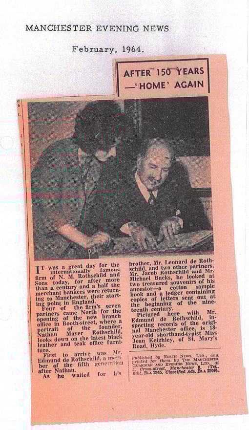 Press cutting from the Manchester Evening  News, February 1964, reporting the return of  a Rothschild business to Manchester after  150 years