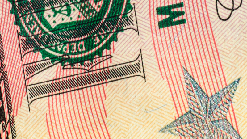 Zoomed in image of the US 50 dollar note