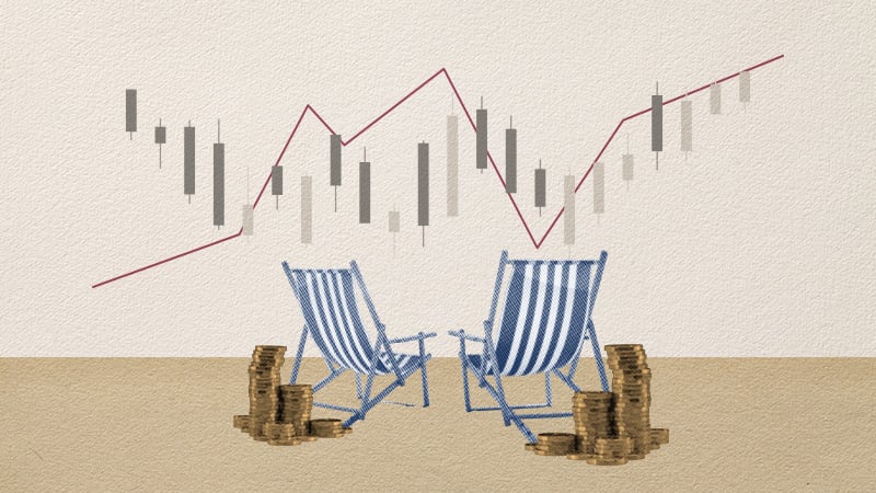 Illustration of deck chairs surrounded by coins