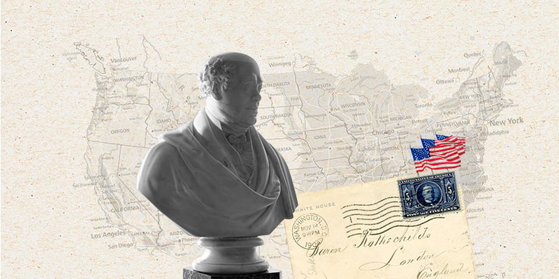 Nathan Mayer Rothschild Statue with a backdrop of the map of the US
