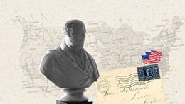 Nathan Mayer Rothschild Statue with a backdrop of the map of the US