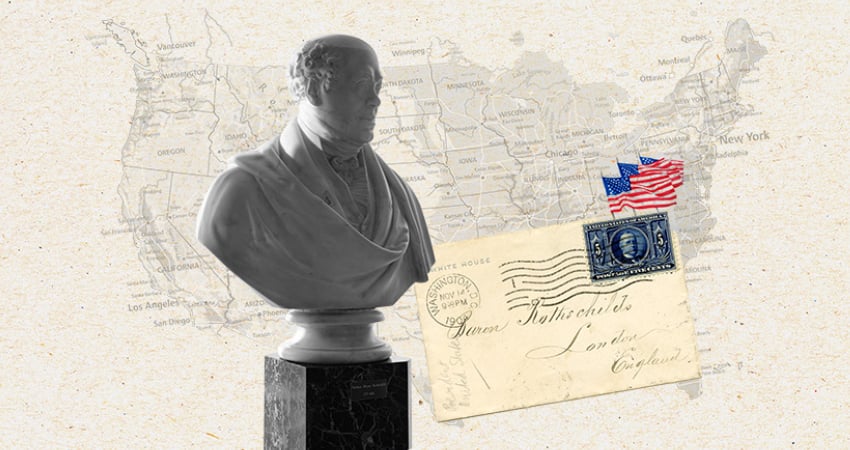 Nathan Mayer Rothschild Statue with a backdrop of the map of the US