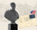 Nathan Mayer Rothschild Statue with a backdrop of the map of the US