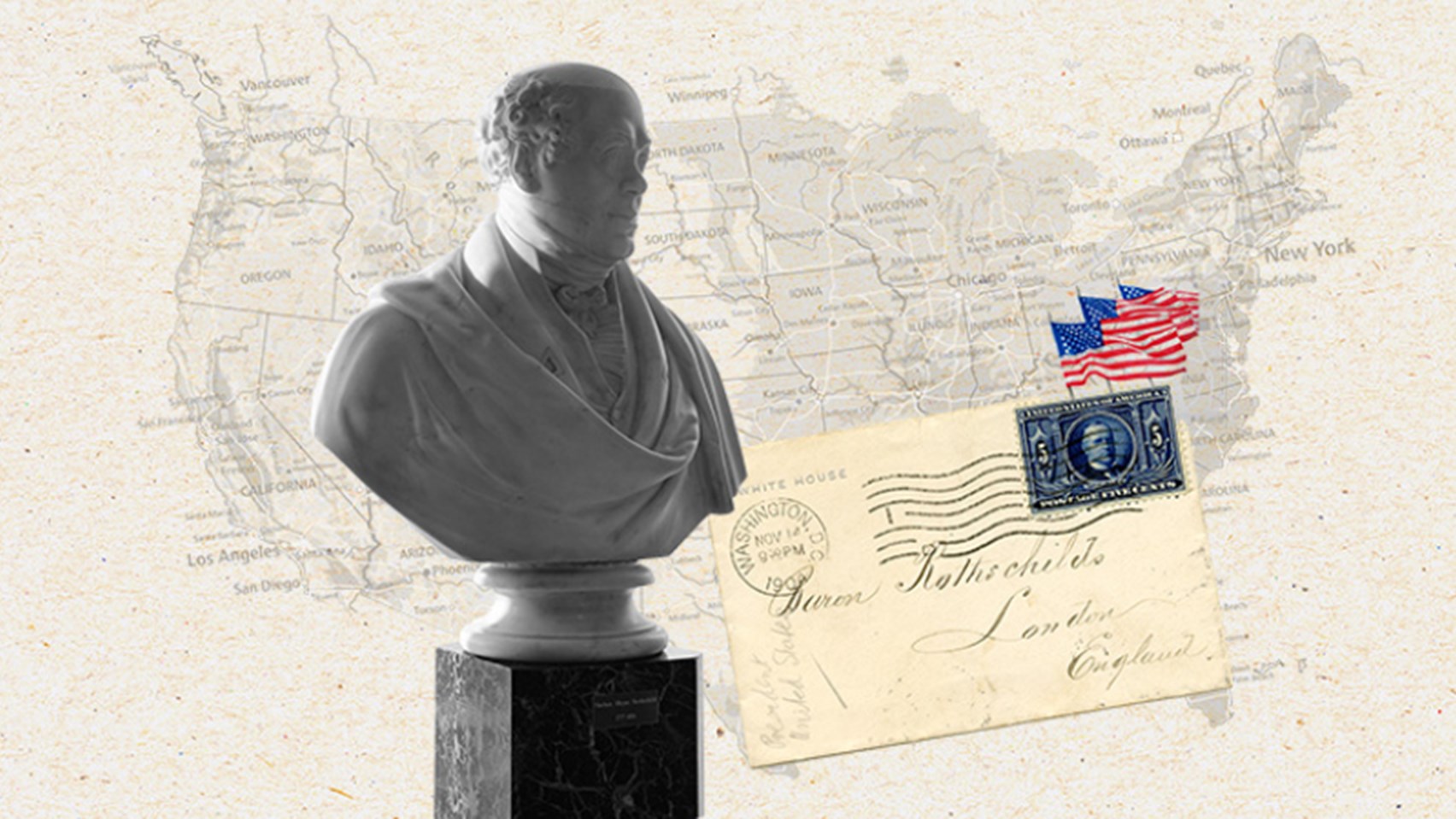 Nathan Mayer Rothschild Statue with a backdrop of the map of the US
