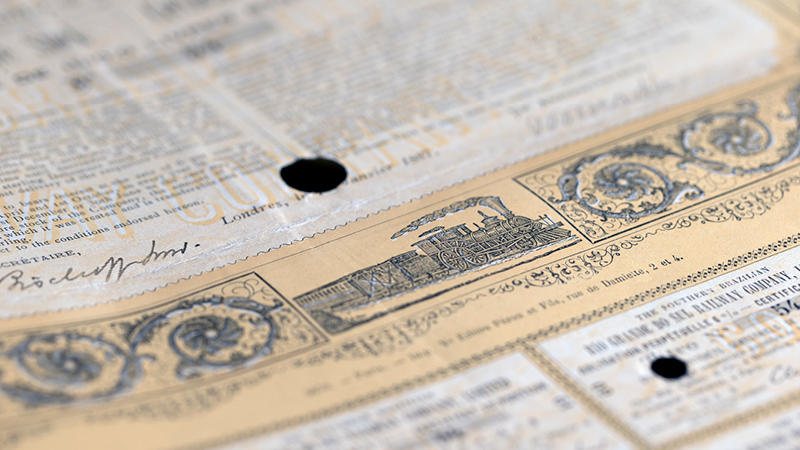 This is a detail from a bond issued by The Southern Brazilian Rio Grande Do Sul Railway Company Limited in 1887. As early as 1858 the Rothschilds issued their first loans to Brazilian railway companies. The railways opened up Brazil's interior, enabling the coffee planting business to expand enormously.