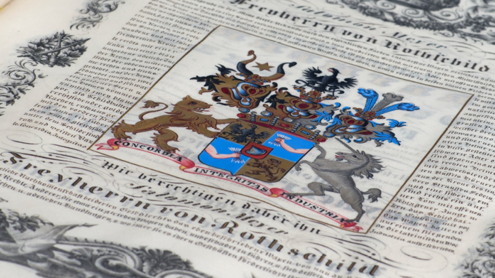 Illustration of the Rothschild family coat of arms from the Imperial letters patent granting the Austrian Baronial title to Salomon von Rothschild (1774-1855) and his brothers, signed and sealed by Emperor Francis I, 29 September 1822.