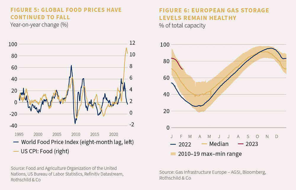 Charts showing the global food prices, year-on-year change, and the percent of total capacity of European gas
