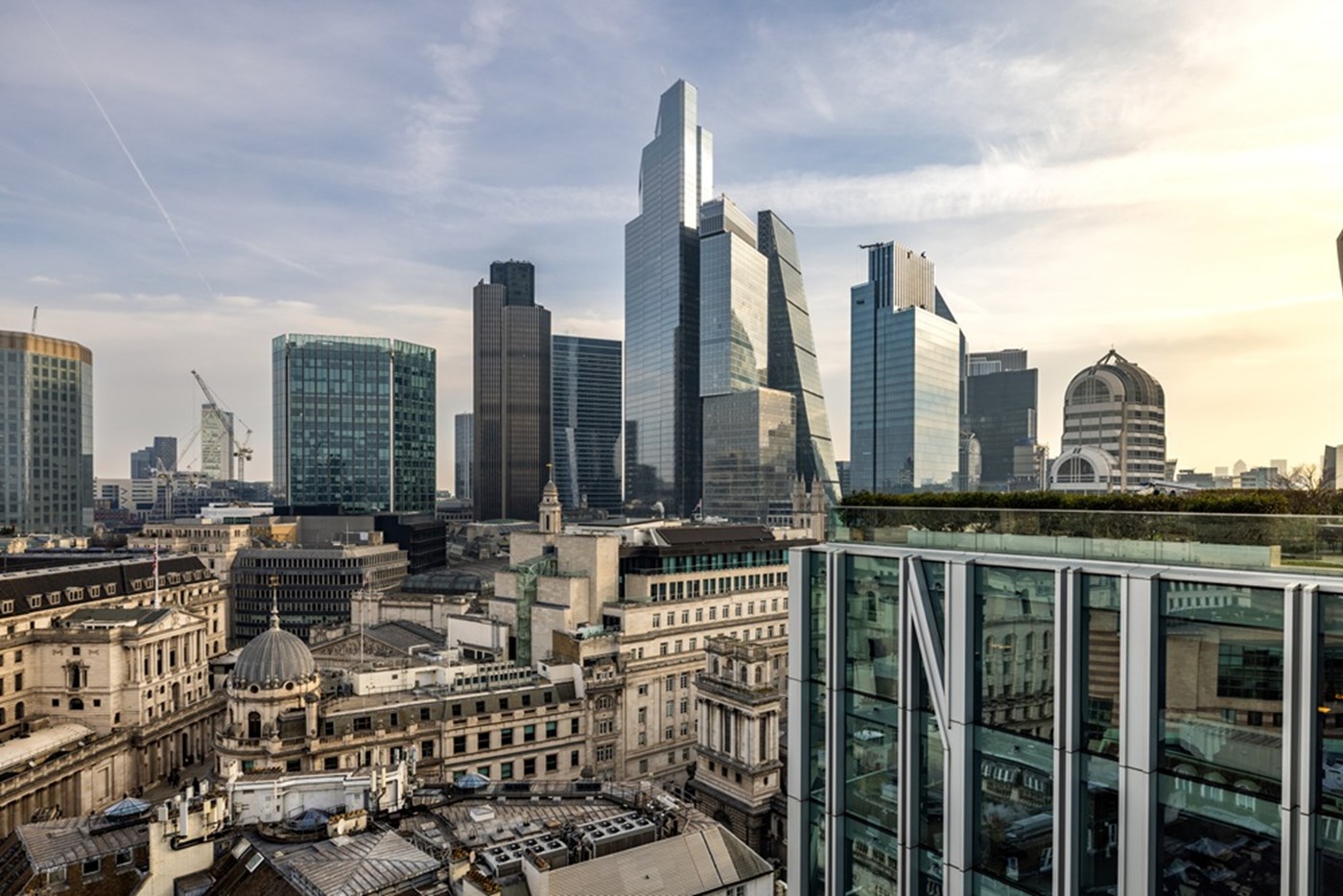 Cinematic picture of the London City Skyline taken from the Rothschild & Co London, New Court office
