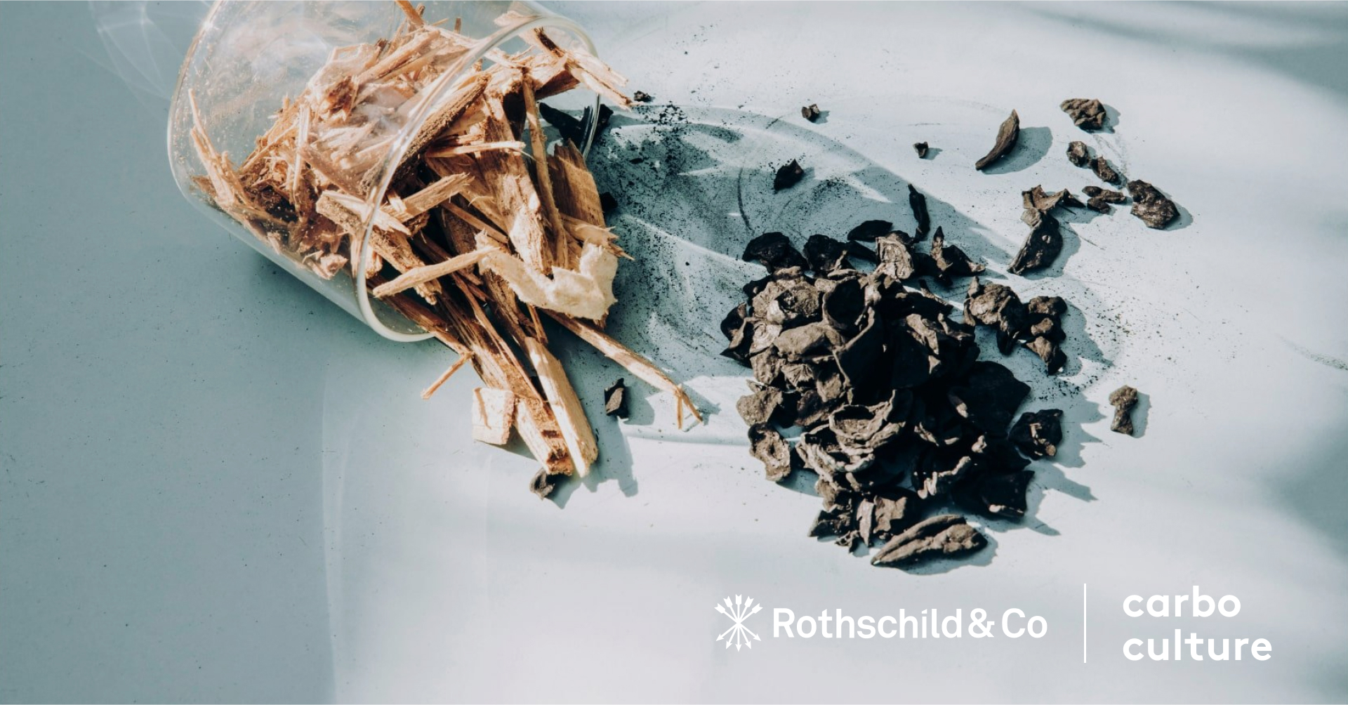 Wood in jar and biochar on table with Rothschild & Co and Carbo Culture logo