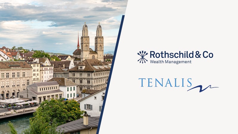 Skyline of Zurich with Rothschild & Co and Tenalis AG logos