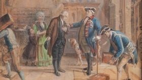 A painting from the 1700s of Mayer Amshel Rothschild in a jacket and boots, in a room with a men, two servants, a dog, a woman in a green dress and a young child clinging to her arm.