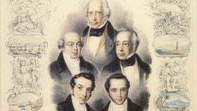 An ink / watercolour of the five Rothschild brothers, centred in an oval shape, with representative illustrations of their European locations around the border.