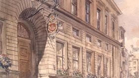 A watercolour painting of New Court, with flowerbeds on the edge of windows and the original pub sign hanging above an arched wooden door.